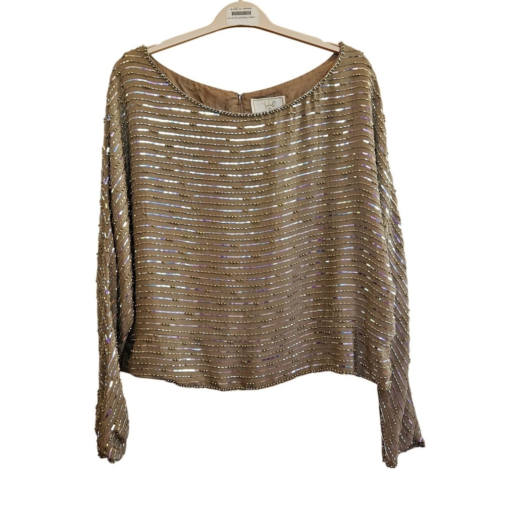 Vie by Victoria Royal Silk Beaded Dolman Sleeve Top Fawn Tan‎ 20 Vintage NWT
